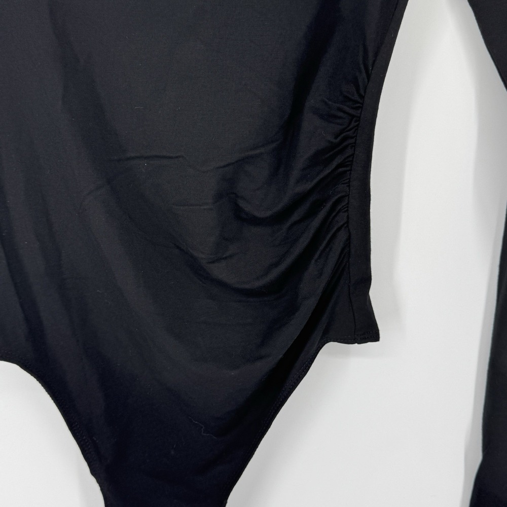 GOOD AMERICAN Ruched Turtleneck Bodysuit Black Long Sleeve High Neck Thong 0/SM - Picture 5 of 9